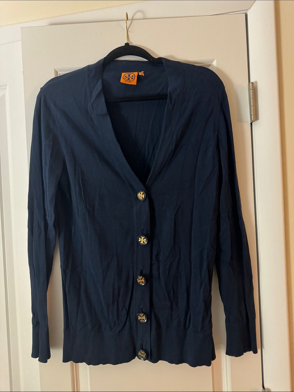 Tory Burch Navy Cardigan with Gold Logo Buttons